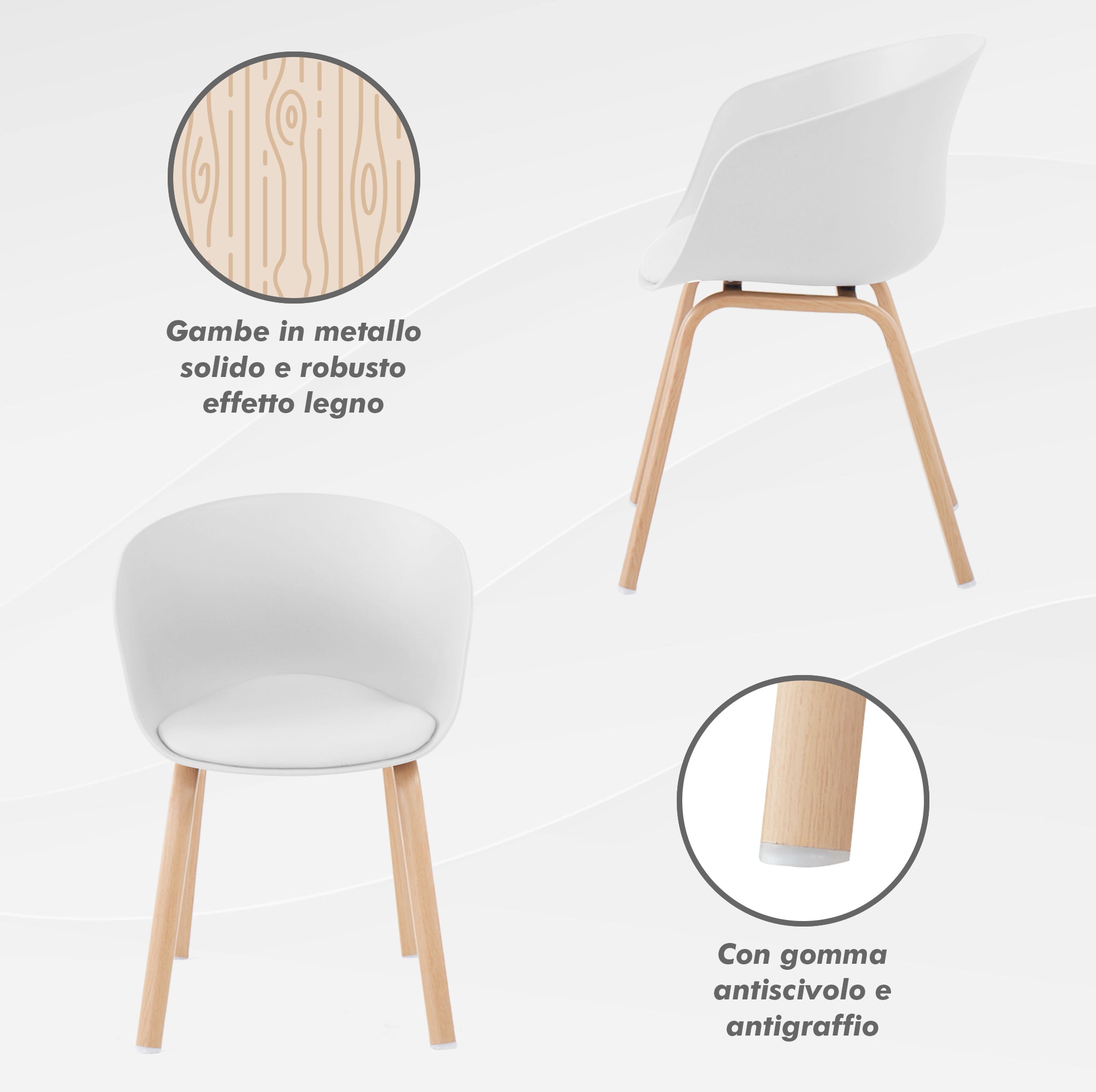 Set Di 4 Sedie Da Cucina Pontrone Sala Da Pranzo Stile Scandinavo Sedia Di Design Moderno Gambe In Metallo Effetto Legno Schienale In Polipropilene Con Cuscino Imbottito Design Moderno Bianco