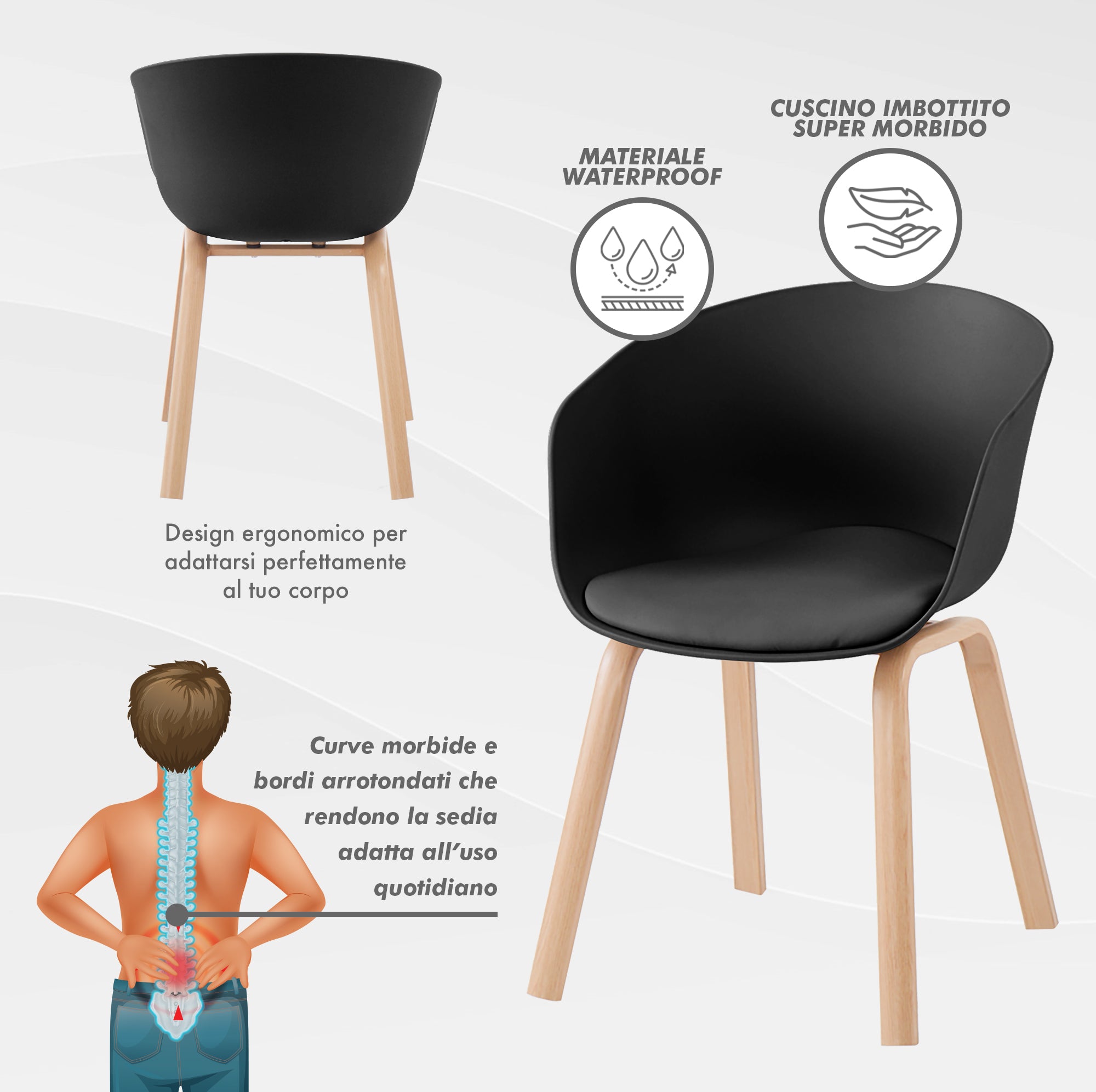 Set Di 4 Sedie Da Cucina Pontrone Sala Da Pranzo Stile Scandinavo Sedia Di Design Moderno Gambe In Metallo Effetto Legno Schienale In Polipropilene Con Cuscino Imbottito Design Moderno Nero