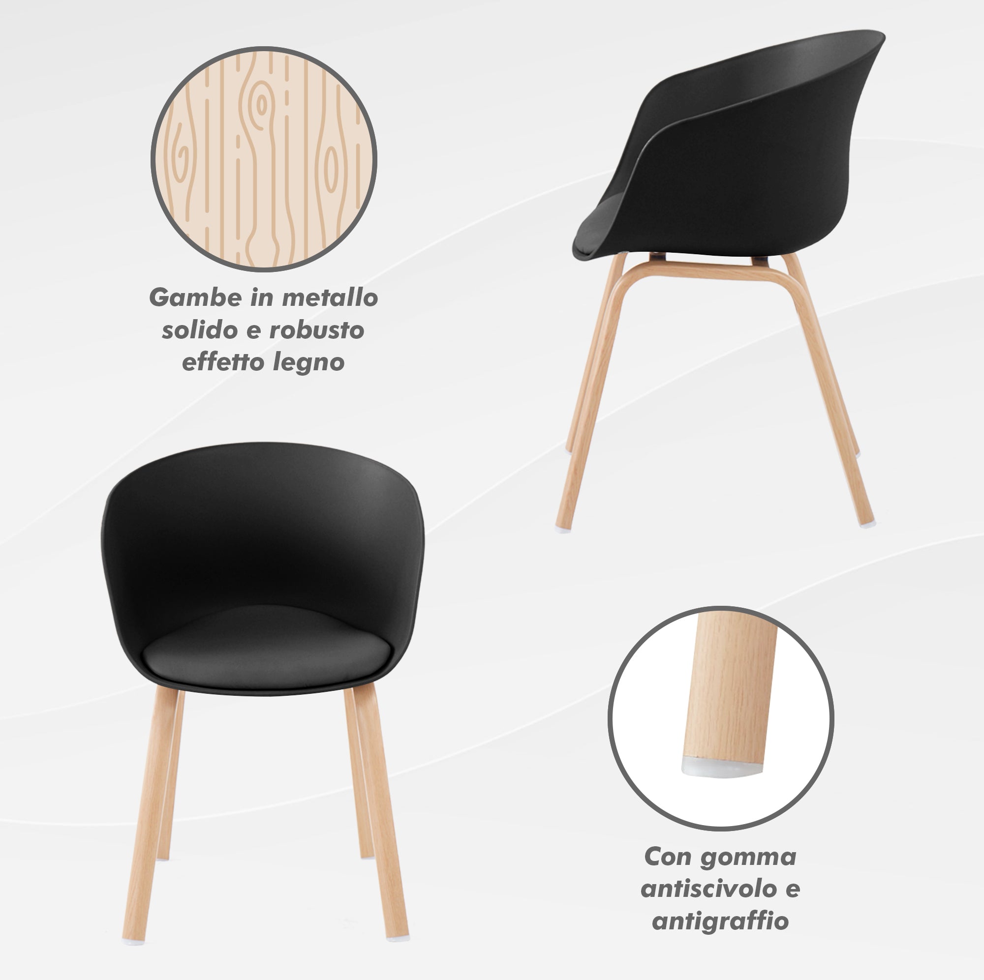 Set Di 4 Sedie Da Cucina Pontrone Sala Da Pranzo Stile Scandinavo Sedia Di Design Moderno Gambe In Metallo Effetto Legno Schienale In Polipropilene Con Cuscino Imbottito Design Moderno Nero