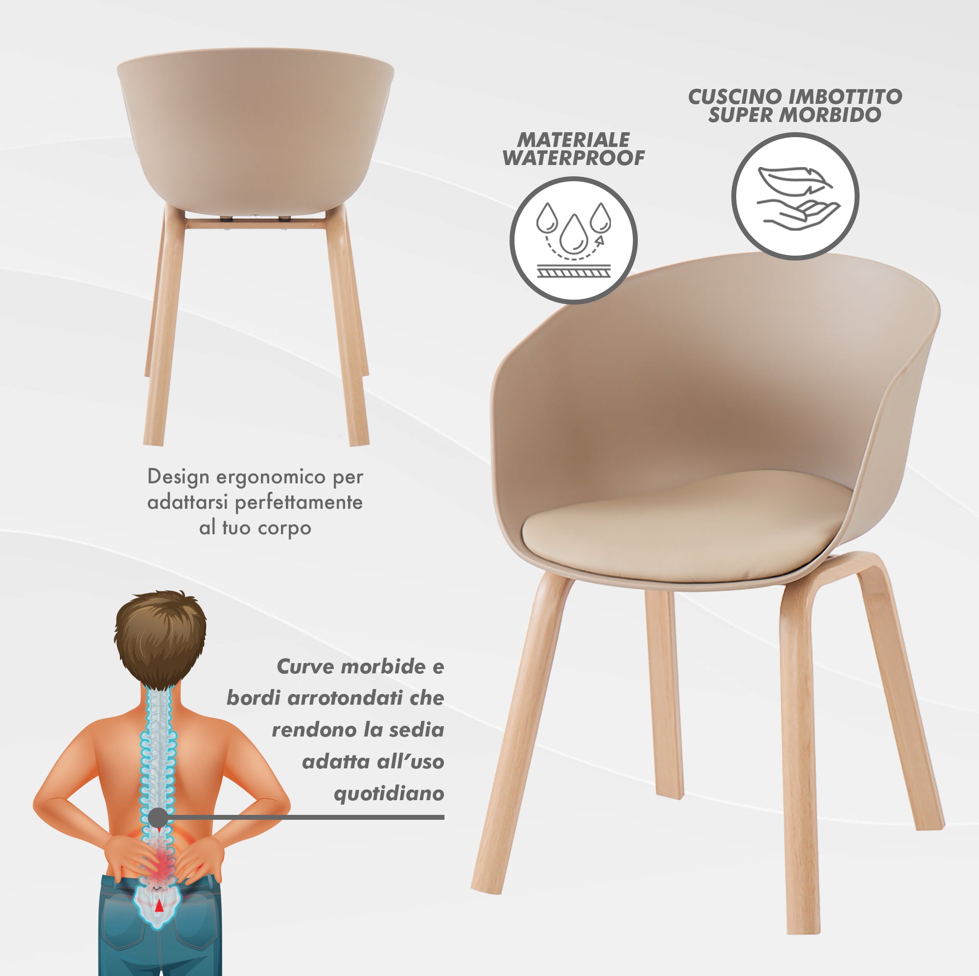 Set Di 4 Sedie Da Cucina Pontrone Sala Da Pranzo Stile Scandinavo Sedia Di Design Moderno Gambe In Metallo Effetto Legno Schienale In Polipropilene Con Cuscino Imbottito Design Moderno Tortora