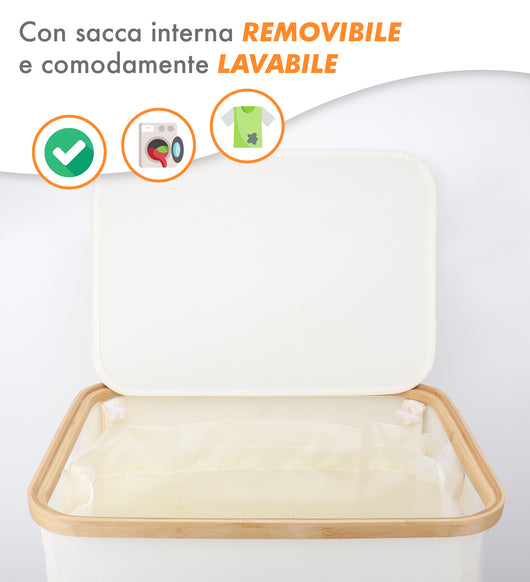 Cesto Portabiancheria Con Coperchio Cesta Bucato 100L Con Sacco Interno Removibile Tessuto Oxford Manici In Bambù Pieghevole Grande Biancheria Sporca - Bianco