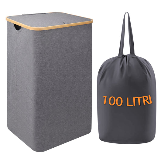 Cesto Portabiancheria Con Coperchio Cesta Bucato 100L Con Sacco Interno Removibile Tessuto Oxford Manici In Bambù Pieghevole Grande Biancheria Sporca - Grigio