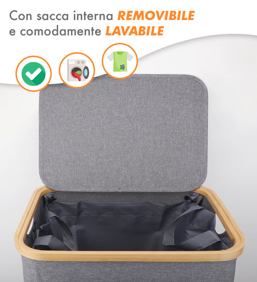 Cesto Portabiancheria Con Coperchio Cesta Bucato 100L Con Sacco Interno Removibile Tessuto Oxford Manici In Bambù Pieghevole Grande Biancheria Sporca - Grigio