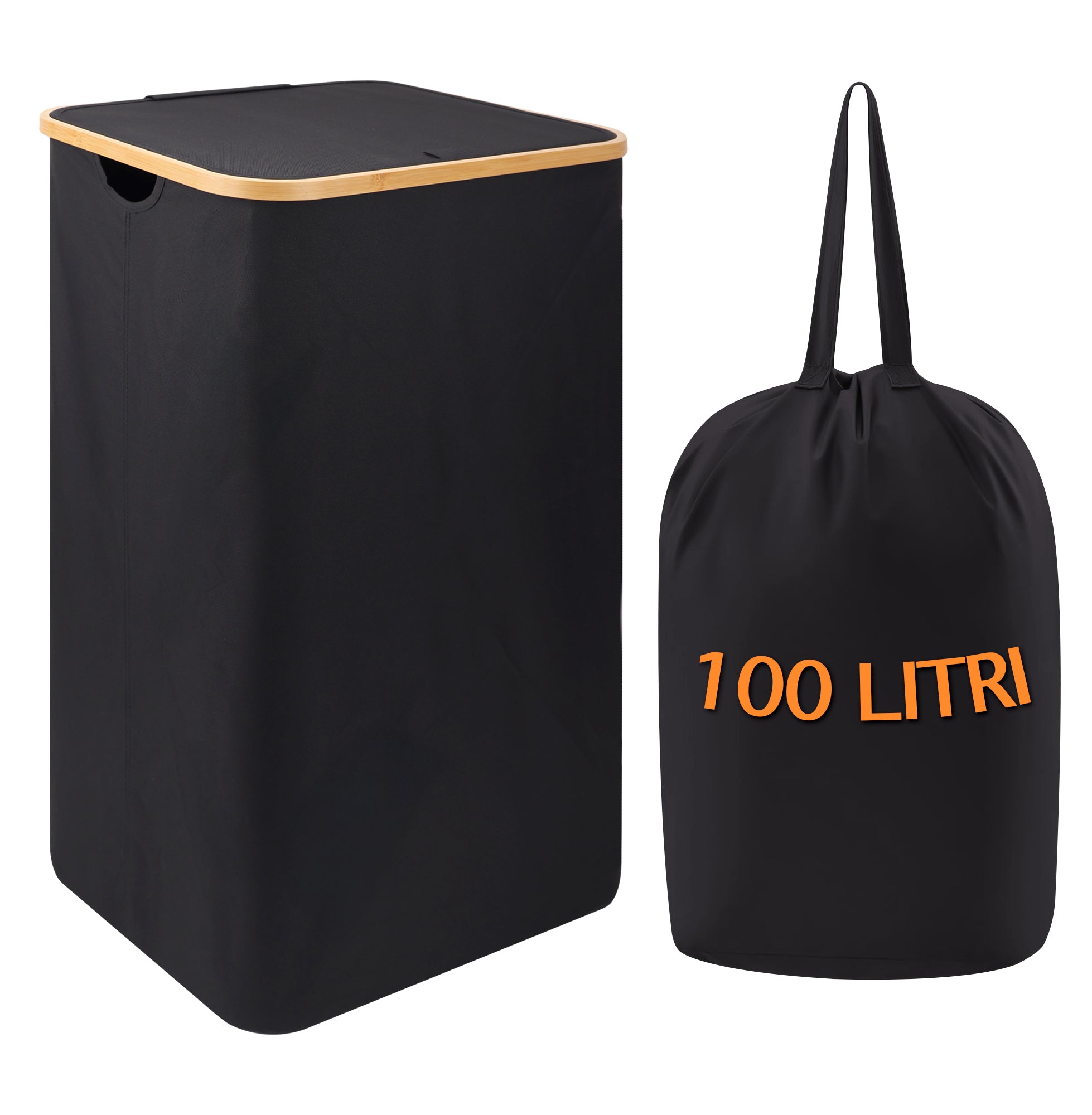 Cesto Portabiancheria Con Coperchio Cesta Bucato 100L Con Sacco Interno Removibile Tessuto Oxford Manici In Bambù Pieghevole Grande Biancheria Sporca - Nero