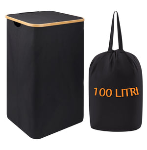 Cesto Portabiancheria Con Coperchio Cesta Bucato 100L Con Sacco Interno Removibile Tessuto Oxford Manici In Bambù Pieghevole Grande Biancheria Sporca - Nero