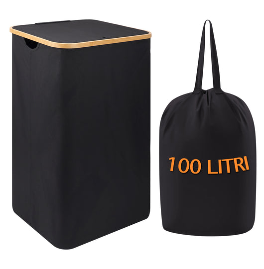 Cesto Portabiancheria Con Coperchio Cesta Bucato 100L Con Sacco Interno Removibile Tessuto Oxford Manici In Bambù Pieghevole Grande Biancheria Sporca - Nero