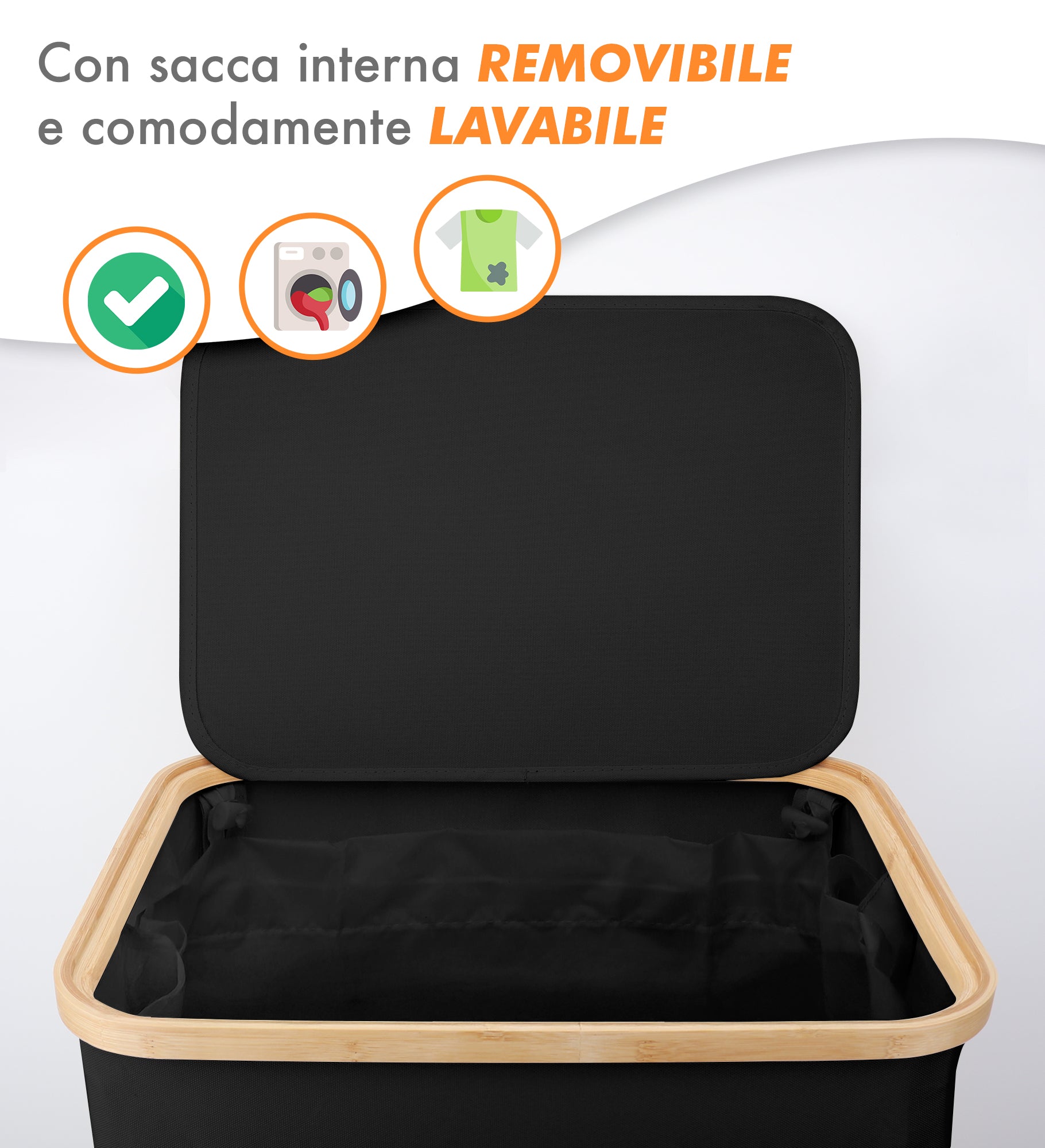 Cesto Portabiancheria Con Coperchio Cesta Bucato 100L Con Sacco Interno Removibile Tessuto Oxford Manici In Bambù Pieghevole Grande Biancheria Sporca - Nero