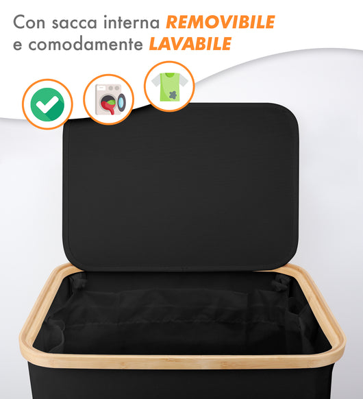 Cesto Portabiancheria Con Coperchio Cesta Bucato 100L Con Sacco Interno Removibile Tessuto Oxford Manici In Bambù Pieghevole Grande Biancheria Sporca - Nero