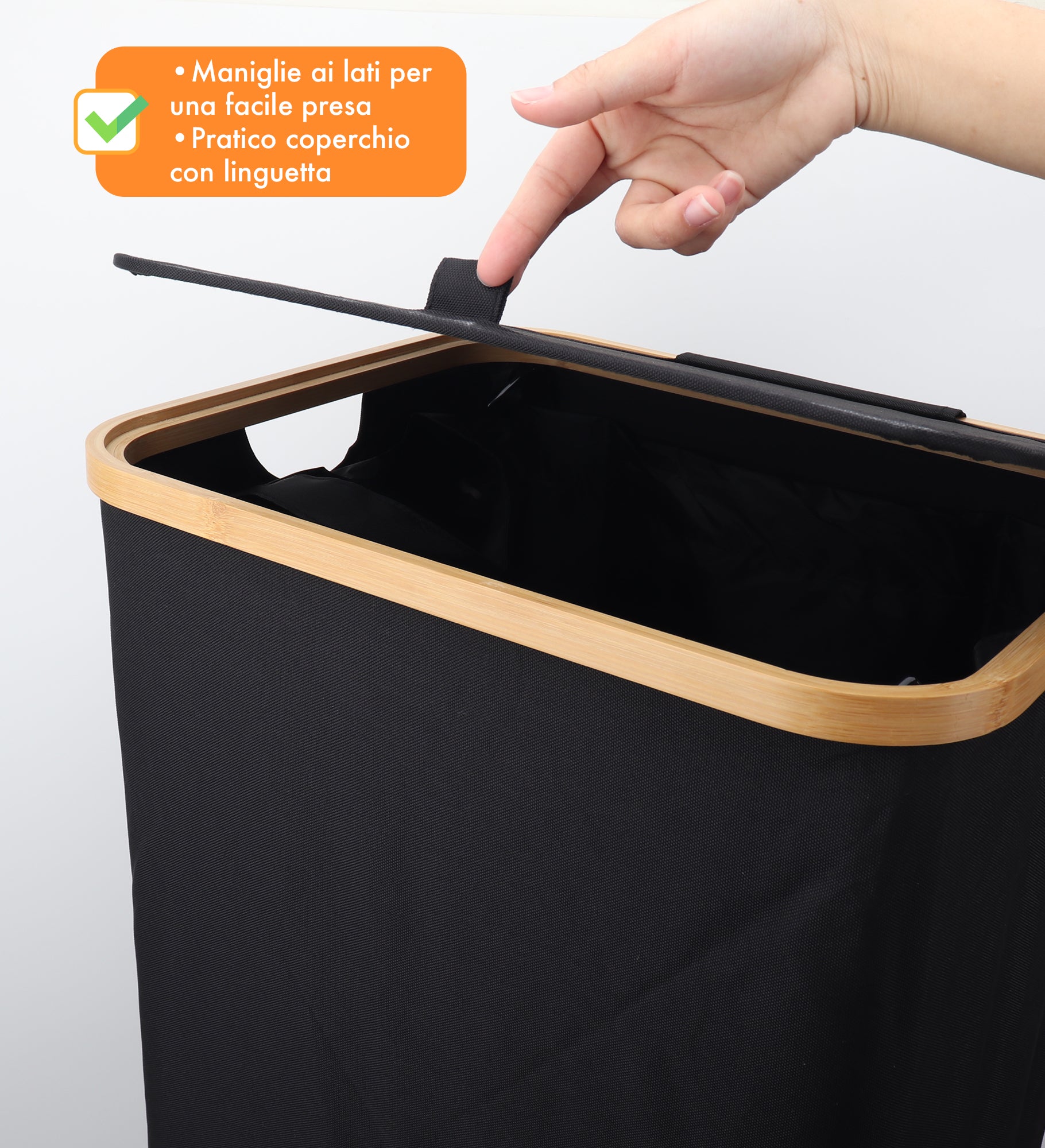 Cesto Portabiancheria Con Coperchio Cesta Bucato 100L Con Sacco Interno Removibile Tessuto Oxford Manici In Bambù Pieghevole Grande Biancheria Sporca - Nero