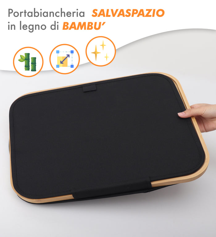 Cesto Portabiancheria Con Coperchio Cesta Bucato 100L Con Sacco Interno Removibile Tessuto Oxford Manici In Bambù Pieghevole Grande Biancheria Sporca - Nero