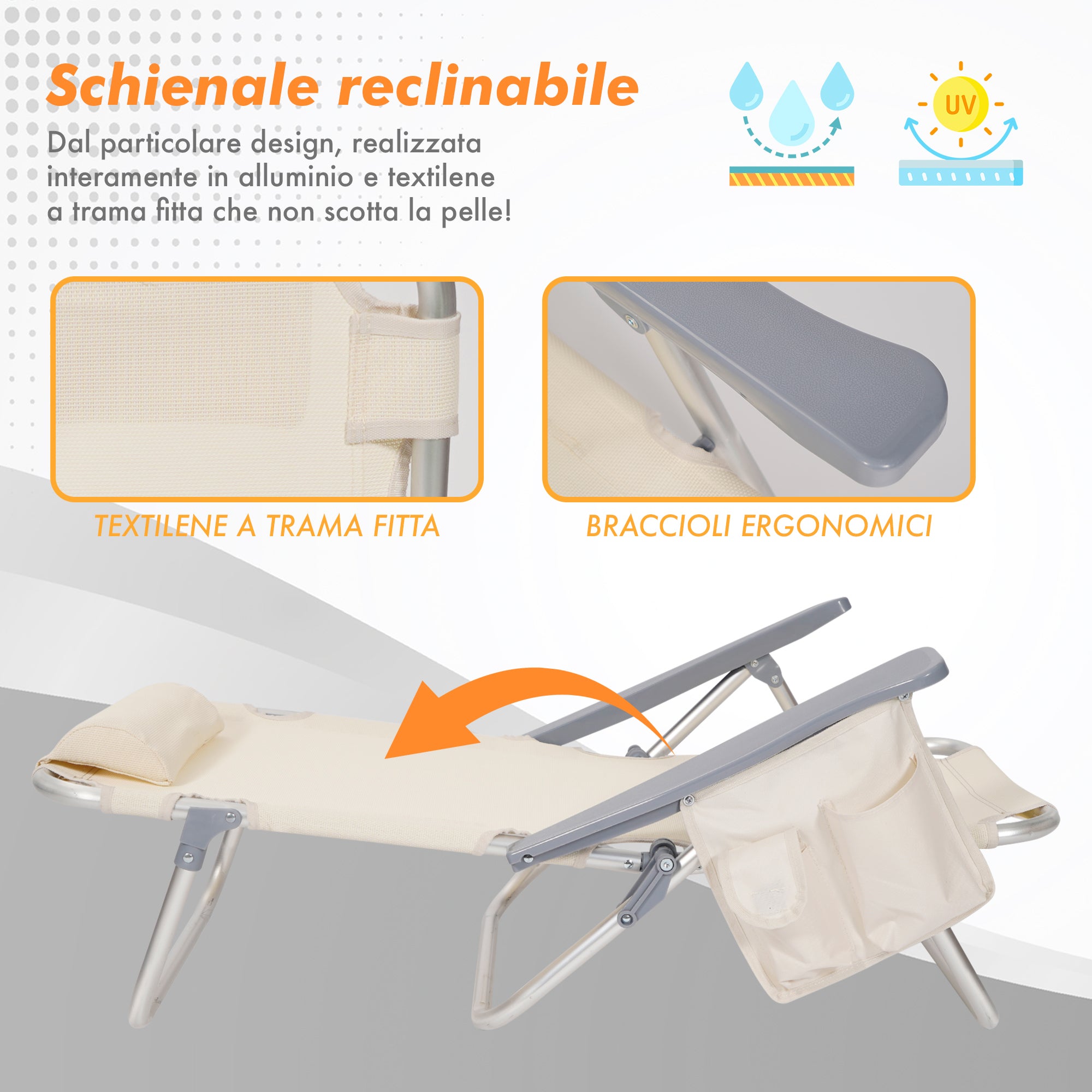 Coppia Spiaggine Lettini Prendisole Pieghevoli Reclinabili Giardino Mare Spiaggia Struttura In Alluminio Con Poggiatesta Tasca PortaOggetti Trasportabili Campeggio - Beige