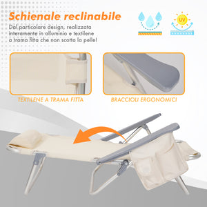 Coppia Spiaggine Lettini Prendisole Pieghevoli Reclinabili Giardino Mare Spiaggia Struttura In Alluminio Con Poggiatesta Tasca PortaOggetti Trasportabili Campeggio - Beige