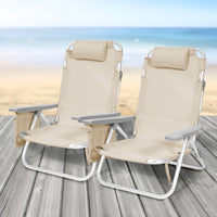 Coppia Spiaggine Lettini Prendisole Pieghevoli Reclinabili Giardino Mare Spiaggia Struttura In Alluminio Con Poggiatesta Tasca PortaOggetti Trasportabili Campeggio - Beige