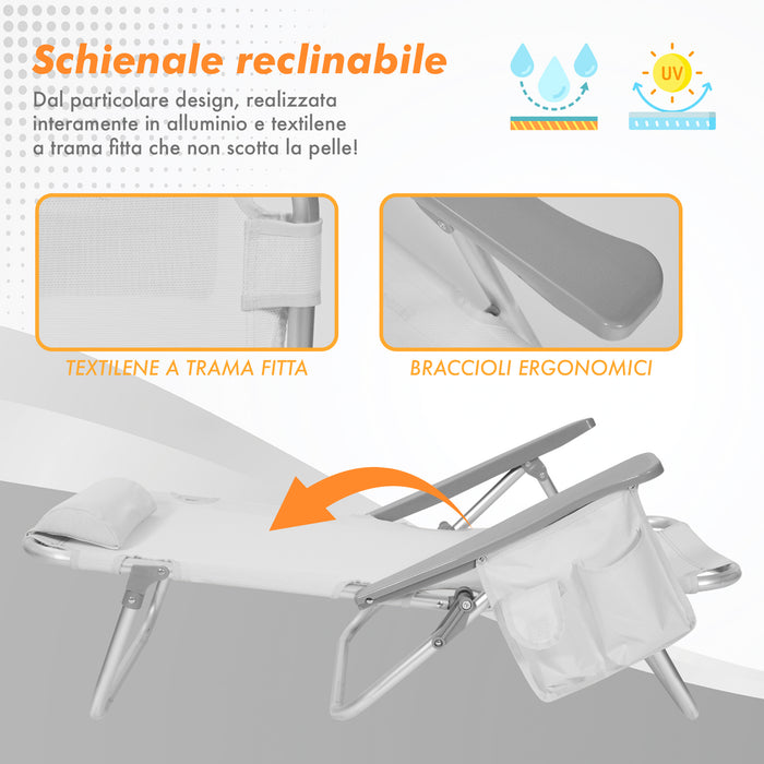 Coppia Spiaggine Lettini Prendisole Pieghevoli Reclinabili Giardino Mare Spiaggia Struttura In Alluminio Con Poggiatesta Tasca PortaOggetti Trasportabili Campeggio - Grigio