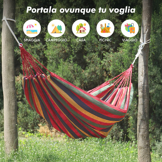 Amaca Da Giardino Campeggio In Tela 150x180 Cm Dimensioni Maggiorate Con Sacchetto Per Trasporto Leggera Cotone Rinforzato 280Gsm Multicolore  - Rosso