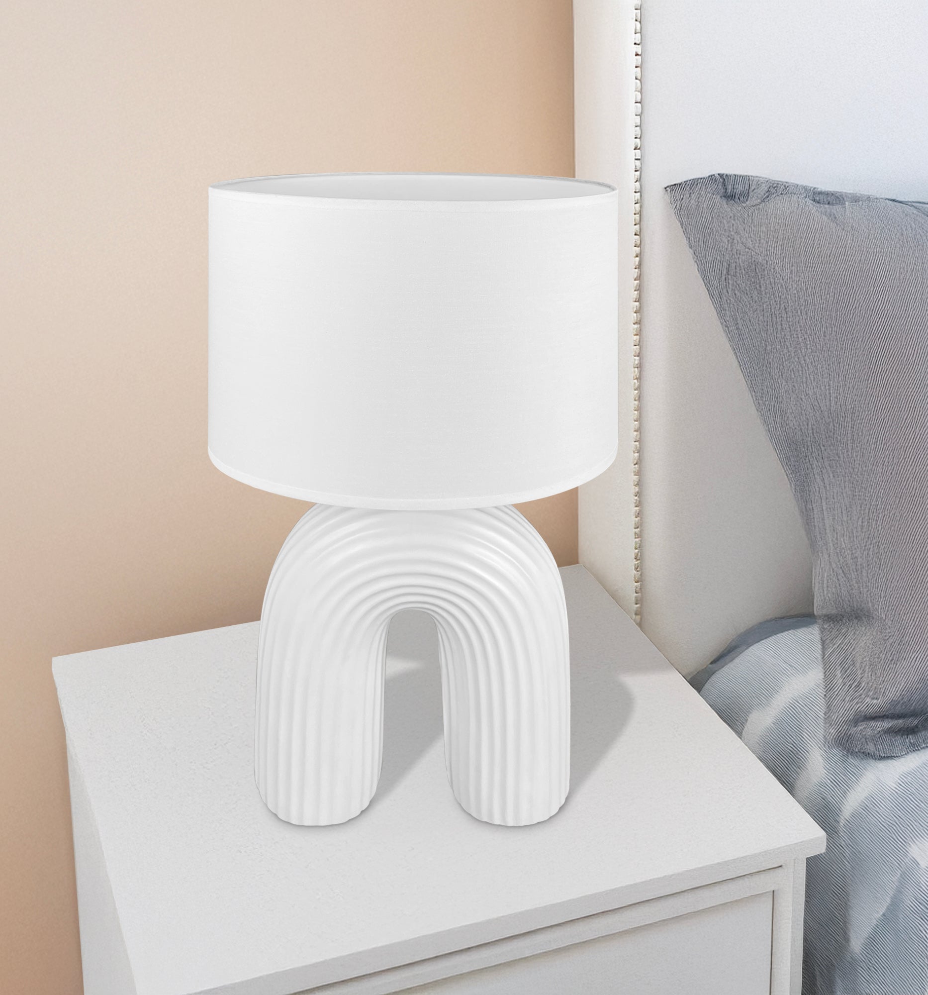 Lampada Moderna Da Comodino Tavola Forma Arcobaleno Grande 50 Cm Certificata RoHS In Ceramica Con Paralume 45W Scrivania Tavolo Abat Jour Bianco