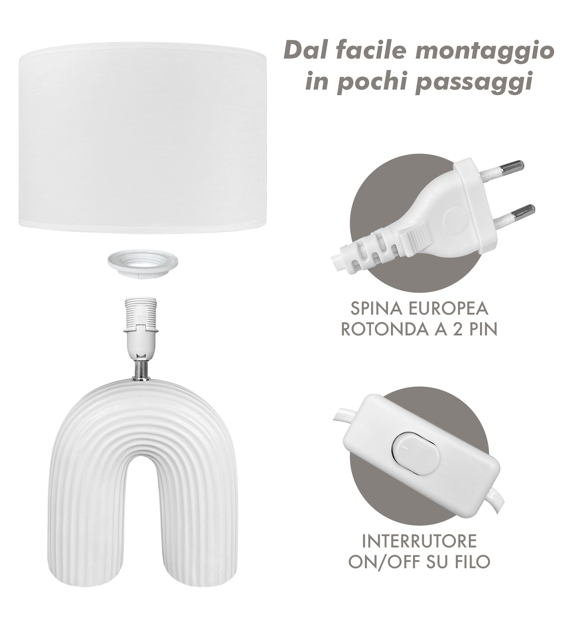 Lampada Moderna Da Comodino Tavola Forma Arcobaleno Grande 50 Cm Certificata RoHS In Ceramica Con Paralume 45W Scrivania Tavolo Abat Jour Bianco
