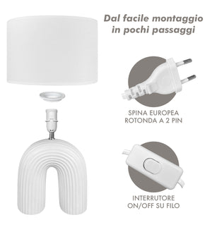 Lampada Moderna Da Comodino Tavola Forma Arcobaleno Grande 50 Cm Certificata RoHS In Ceramica Con Paralume 45W Scrivania Tavolo Abat Jour Bianco