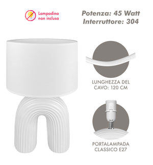 Lampada Moderna Da Comodino Tavola Forma Arcobaleno Grande 50 Cm Certificata RoHS In Ceramica Con Paralume 45W Scrivania Tavolo Abat Jour Bianco