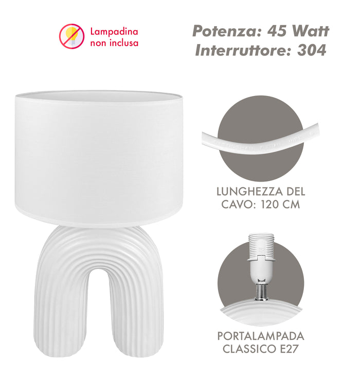 Lampada Moderna Da Comodino Tavola Forma Arcobaleno Grande 50 Cm Certificata RoHS In Ceramica Con Paralume 45W Scrivania Tavolo Abat Jour Bianco