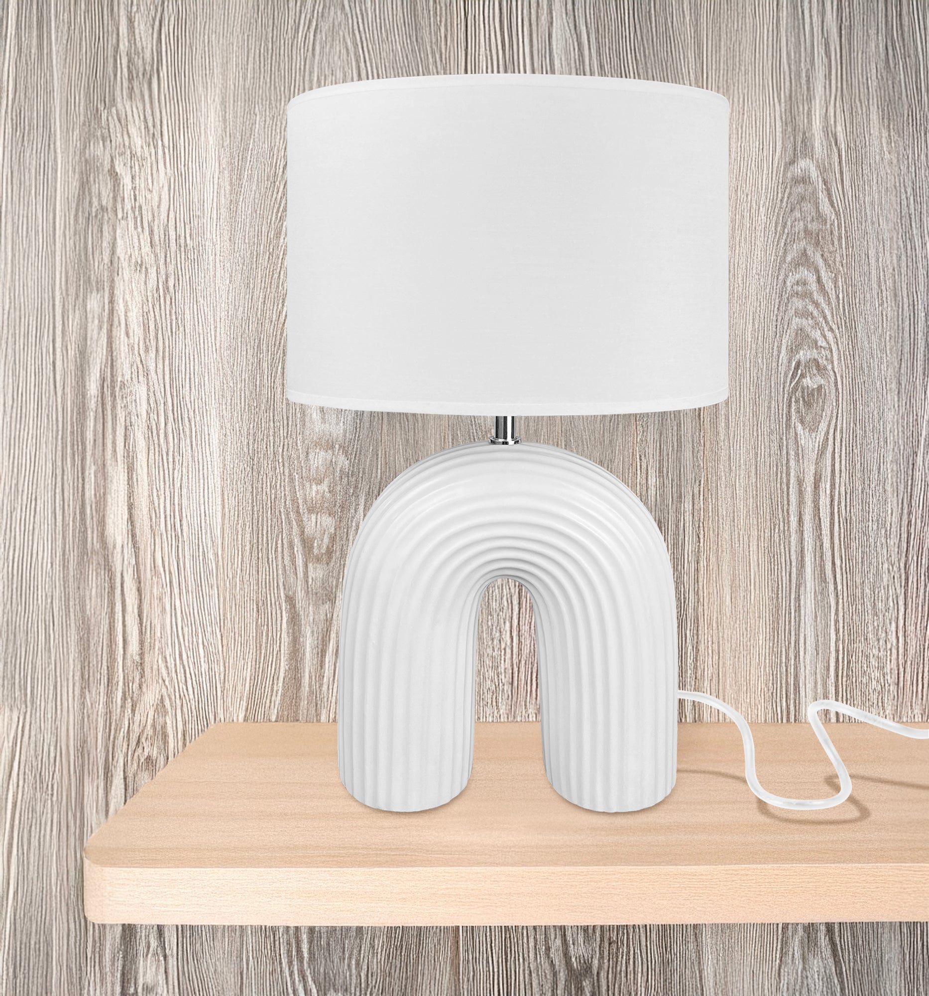 Lampada Moderna Da Comodino Tavola Forma Arcobaleno Grande 50 Cm Certificata RoHS In Ceramica Con Paralume 45W Scrivania Tavolo Abat Jour Bianco