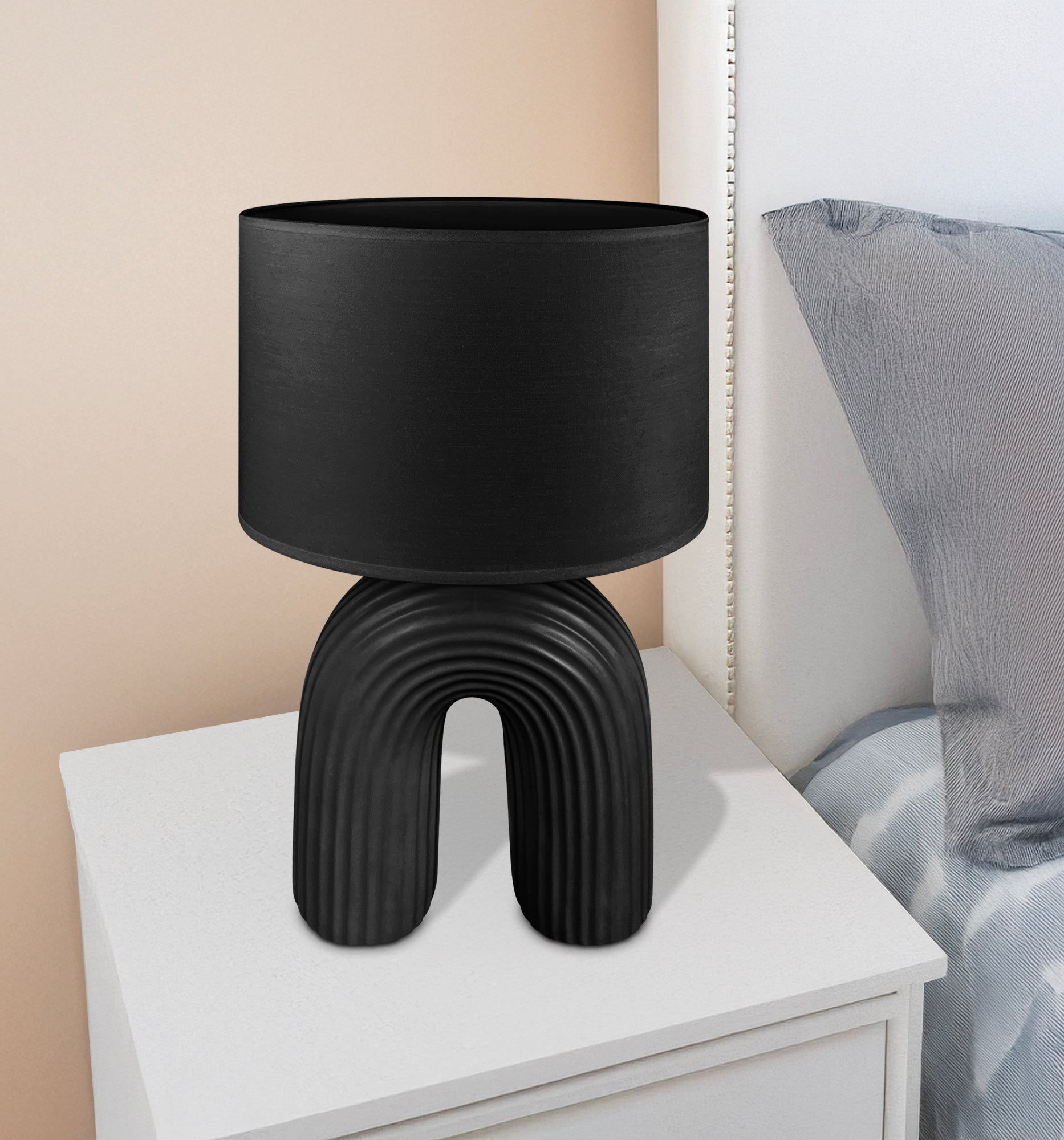 Lampada Moderna Da Comodino Tavola Forma Arcobaleno Grande 50 Cm Certificata RoHS In Ceramica Con Paralume 45W Scrivania Tavolo Abat Jour Nero