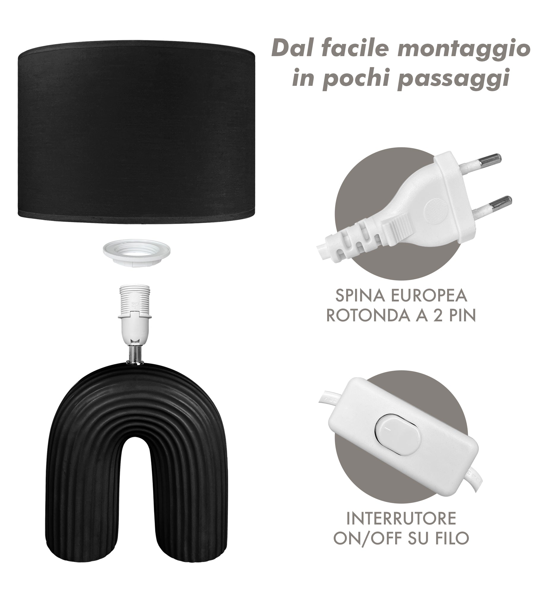 Lampada Moderna Da Comodino Tavola Forma Arcobaleno Grande 50 Cm Certificata RoHS In Ceramica Con Paralume 45W Scrivania Tavolo Abat Jour Nero