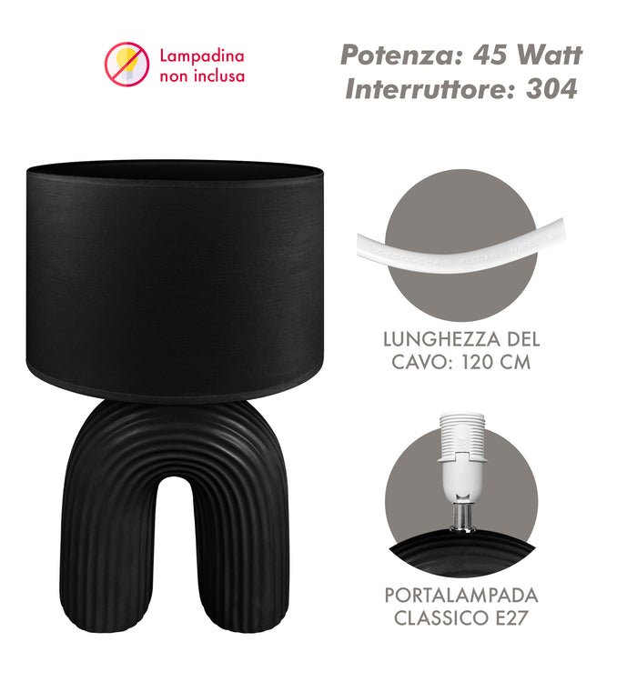 Lampada Moderna Da Comodino Tavola Forma Arcobaleno Grande 50 Cm Certificata RoHS In Ceramica Con Paralume 45W Scrivania Tavolo Abat Jour Nero