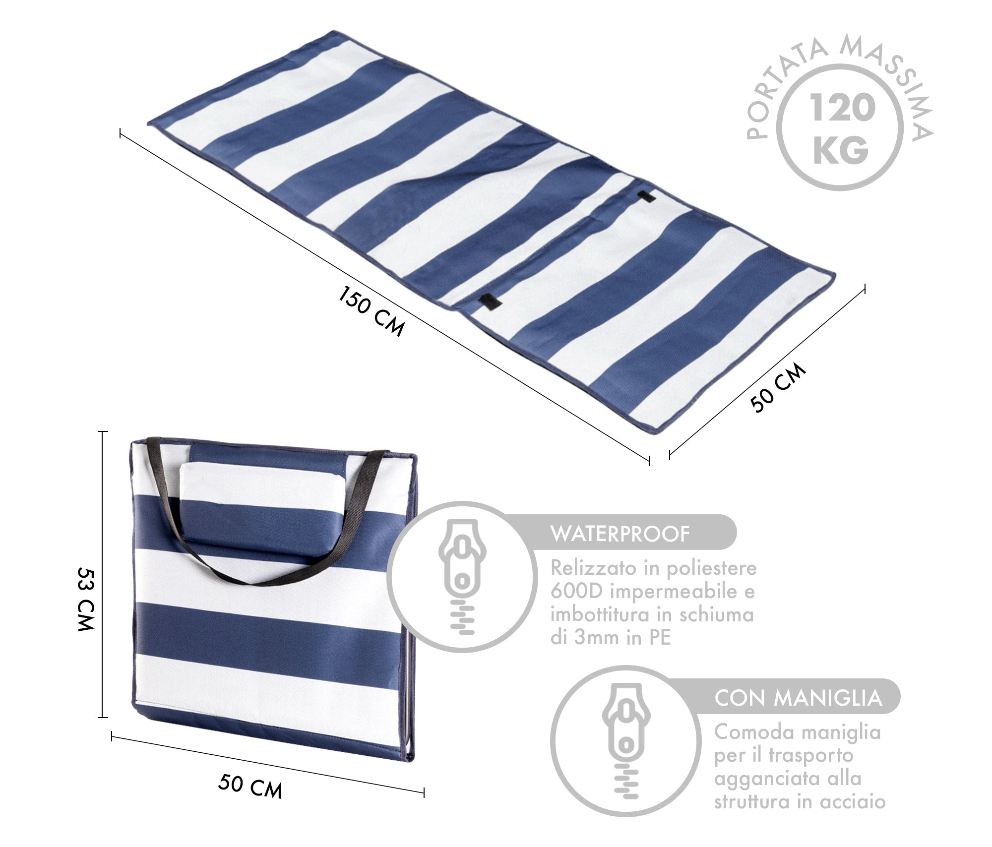 Coppia Materassino Da Spiaggia 2 Pezzi Pieghevole Leggero Portatile Tappetino Spiaggia Regolabile Con Schienale Reclinabile Tasca PortaOggetti Lettino Mare Campeggio  - RigheBiancoBlu