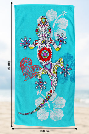Telo Mare Asciugamano Da Spiaggia Misura Grande 100x180 Cm Assorbente In Morbida Microfibra Leggero Stampe Moderne Sabbia Lettino Vacanze Piscina Geco Azzurro