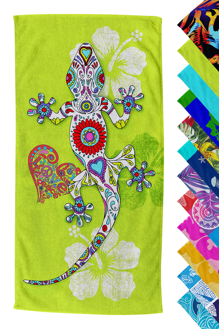 Telo Mare Asciugamano Da Spiaggia Misura Grande 100x180 Cm Assorbente In Morbida Microfibra Leggero Stampe Moderne Sabbia Lettino Vacanze Piscina Geco Verde