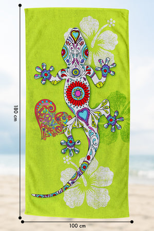 Telo Mare Asciugamano Da Spiaggia Misura Grande 100x180 Cm Assorbente In Morbida Microfibra Leggero Stampe Moderne Sabbia Lettino Vacanze Piscina Geco Verde
