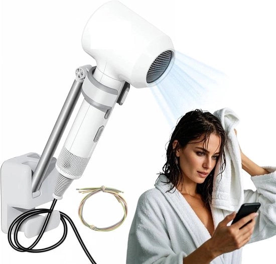 Sostegno per asciugacapelli - Supporto per asciugacapelli - Asciugare le mani senza impegnare le mani - Regolabile da 60 gradi - 27,5 cm - Bianco