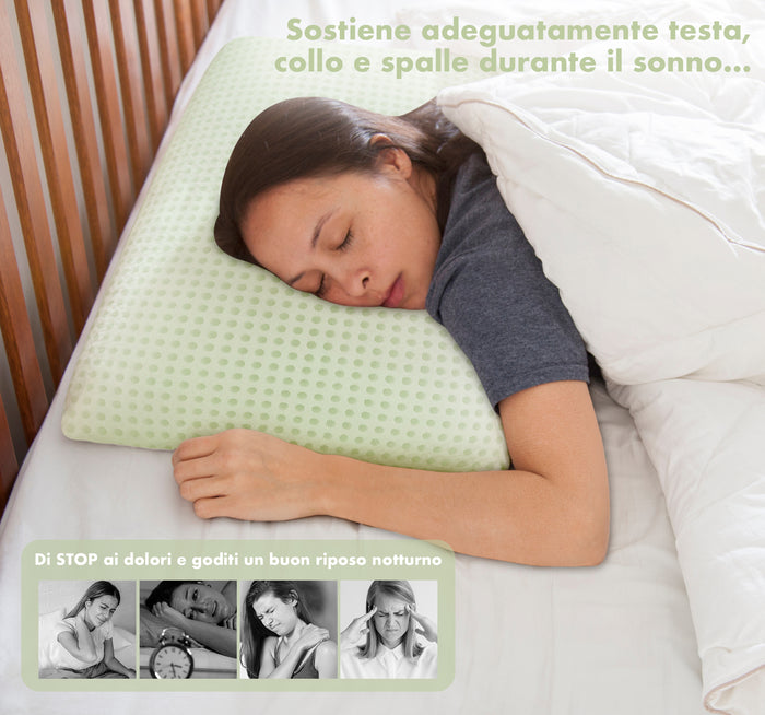 Guanciale In Memory Foam Microforato Profumato Aromaterapia Cuscino Letto Saponetta Prodotto Italiano Traspirante Sfoderabile Colorato Anallergico Aloe