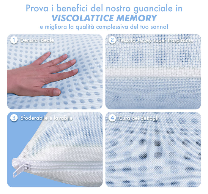 Guanciale In Memory Foam Microforato Profumato Aromaterapia Cuscino Letto Saponetta Prodotto Italiano Traspirante Sfoderabile Colorato Anallergico Eucalipto