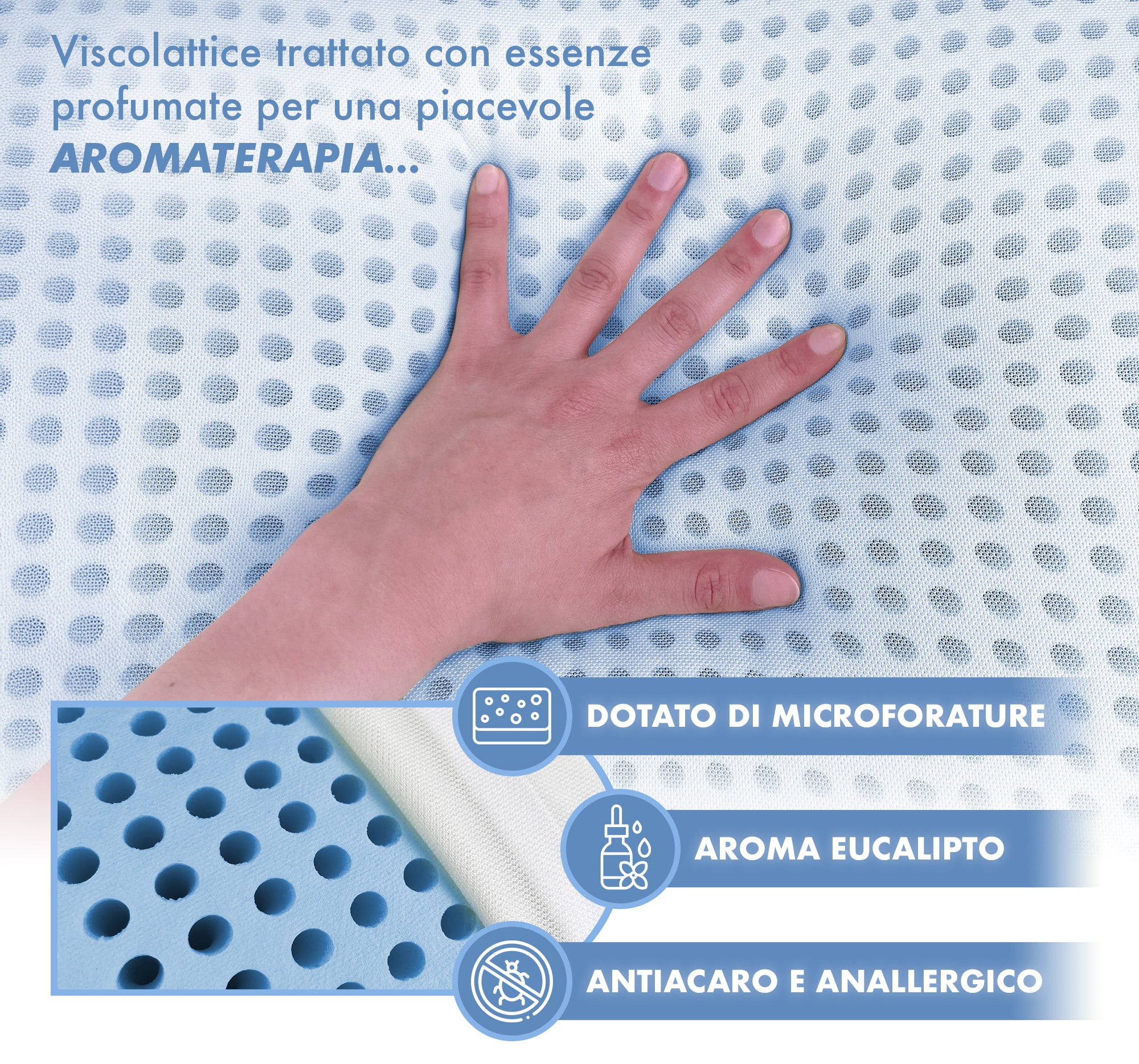 Guanciale In Memory Foam Microforato Profumato Aromaterapia Cuscino Letto Saponetta Prodotto Italiano Traspirante Sfoderabile Colorato Anallergico Eucalipto