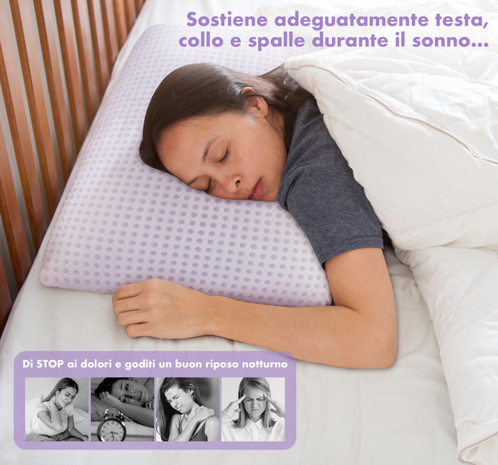 Guanciale In Memory Foam Microforato Profumato Aromaterapia Cuscino Letto Saponetta Prodotto Italiano Traspirante Sfoderabile Colorato Anallergico Lavanda