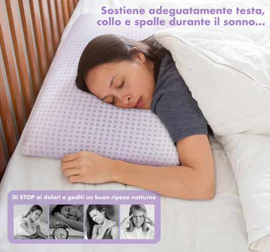 Guanciale In Memory Foam Microforato Profumato Aromaterapia Cuscino Letto Saponetta Prodotto Italiano Traspirante Sfoderabile Colorato Anallergico Lavanda