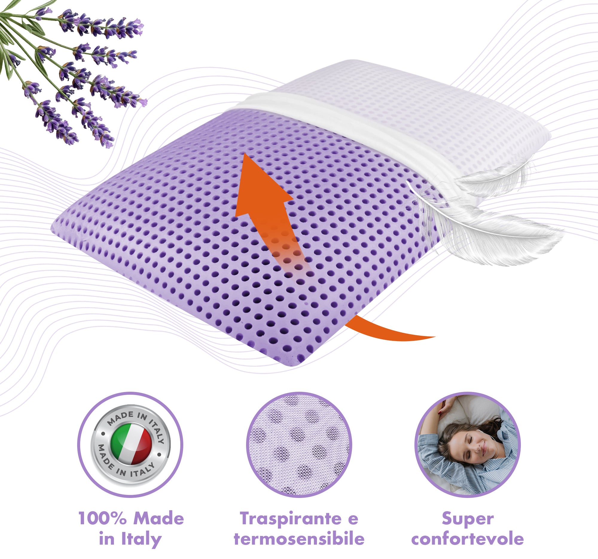 Guanciale In Memory Foam Microforato Profumato Aromaterapia Cuscino Letto Saponetta Prodotto Italiano Traspirante Sfoderabile Colorato Anallergico Lavanda