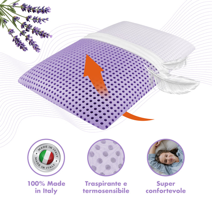 Guanciale In Memory Foam Microforato Profumato Aromaterapia Cuscino Letto Saponetta Prodotto Italiano Traspirante Sfoderabile Colorato Anallergico Lavanda