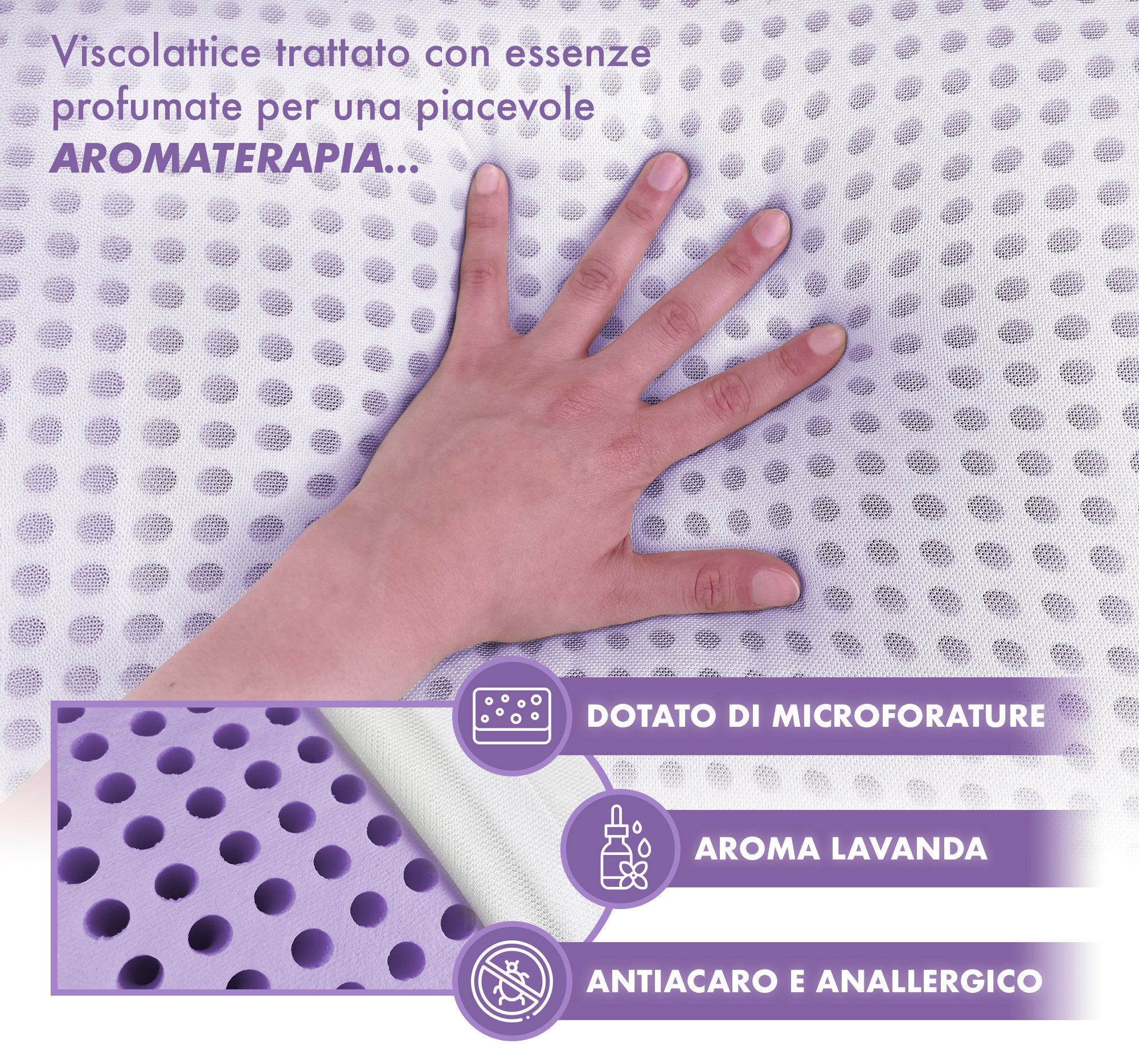 Guanciale In Memory Foam Microforato Profumato Aromaterapia Cuscino Letto Saponetta Prodotto Italiano Traspirante Sfoderabile Colorato Anallergico Lavanda