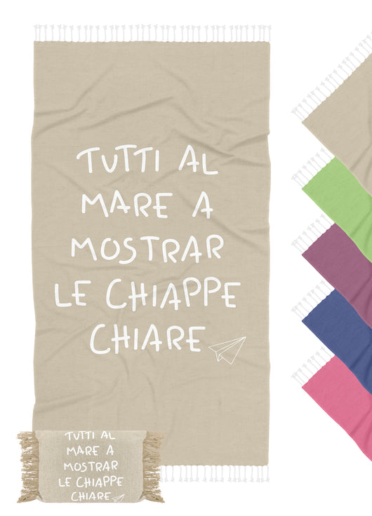 Telo Mare Con Frange Asciugamano Da Spiaggia Misura Grande 90x180 Cm Con Pochette Astuccio Assorbente In Morbido Cotone Leggero Stampa Tutti Al Mare AntiSabbia Lettino Vacanze Piscina Beige