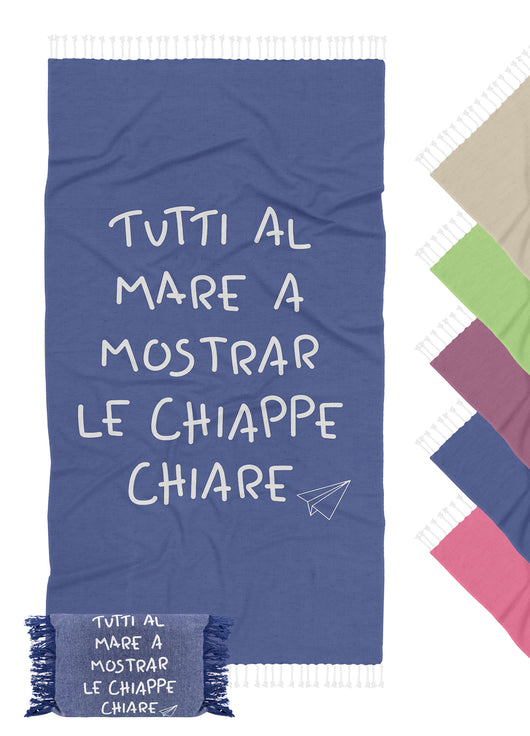 Telo Mare Con Frange Asciugamano Da Spiaggia Misura Grande 90x180 Cm Con Pochette Astuccio Assorbente In Morbido Cotone Leggero Stampa Tutti Al Mare AntiSabbia Lettino Vacanze Piscina Blu