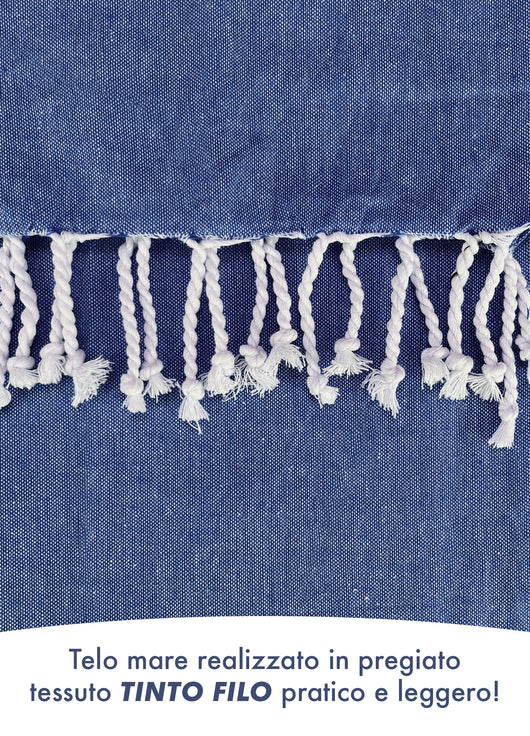Telo Mare Con Frange Asciugamano Da Spiaggia Misura Grande 90x180 Cm Con Pochette Astuccio Assorbente In Morbido Cotone Leggero Stampa Tutti Al Mare AntiSabbia Lettino Vacanze Piscina Blu
