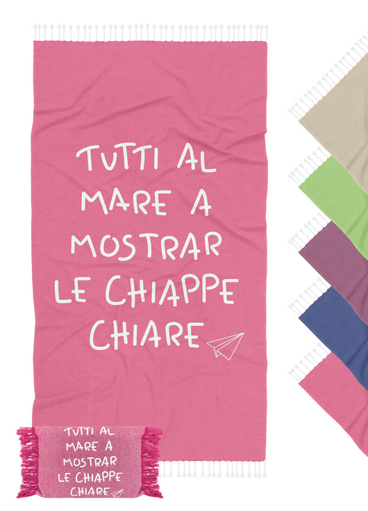 Telo Mare Con Frange Asciugamano Da Spiaggia Misura Grande 90x180 Cm Con Pochette Astuccio Assorbente In Morbido Cotone Leggero Stampa Tutti Al Mare AntiSabbia Lettino Vacanze Piscina Fuxia