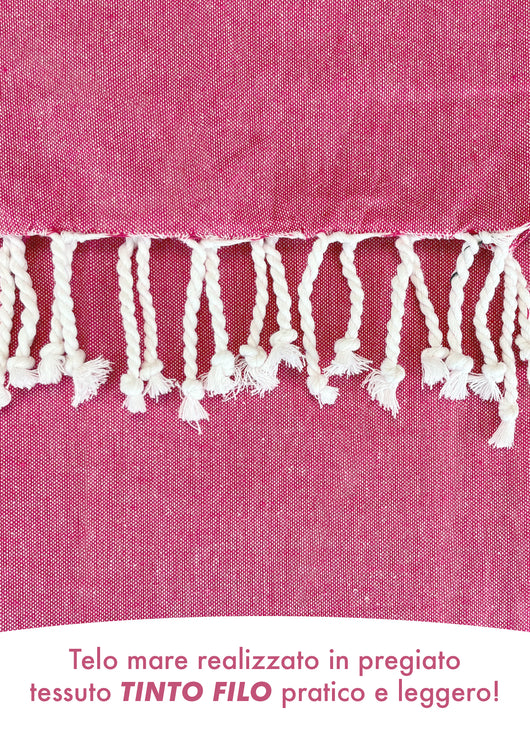 Telo Mare Con Frange Asciugamano Da Spiaggia Misura Grande 90x180 Cm Con Pochette Astuccio Assorbente In Morbido Cotone Leggero Stampa Tutti Al Mare AntiSabbia Lettino Vacanze Piscina Fuxia