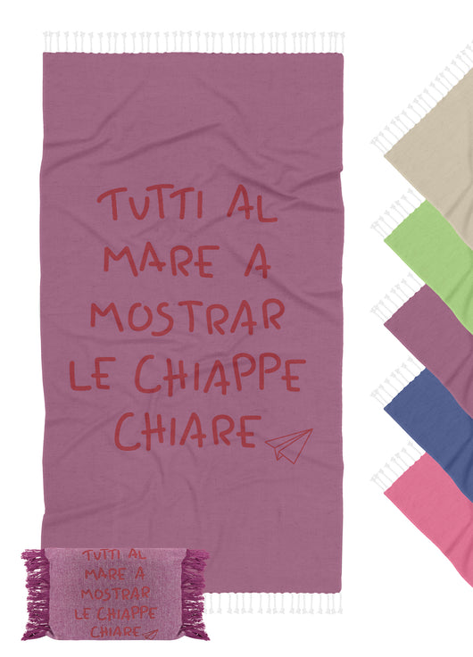 Telo Mare Con Frange Asciugamano Da Spiaggia Misura Grande 90x180 Cm Con Pochette Astuccio Assorbente In Morbido Cotone Leggero Stampa Tutti Al Mare AntiSabbia Lettino Vacanze Piscina Lilla