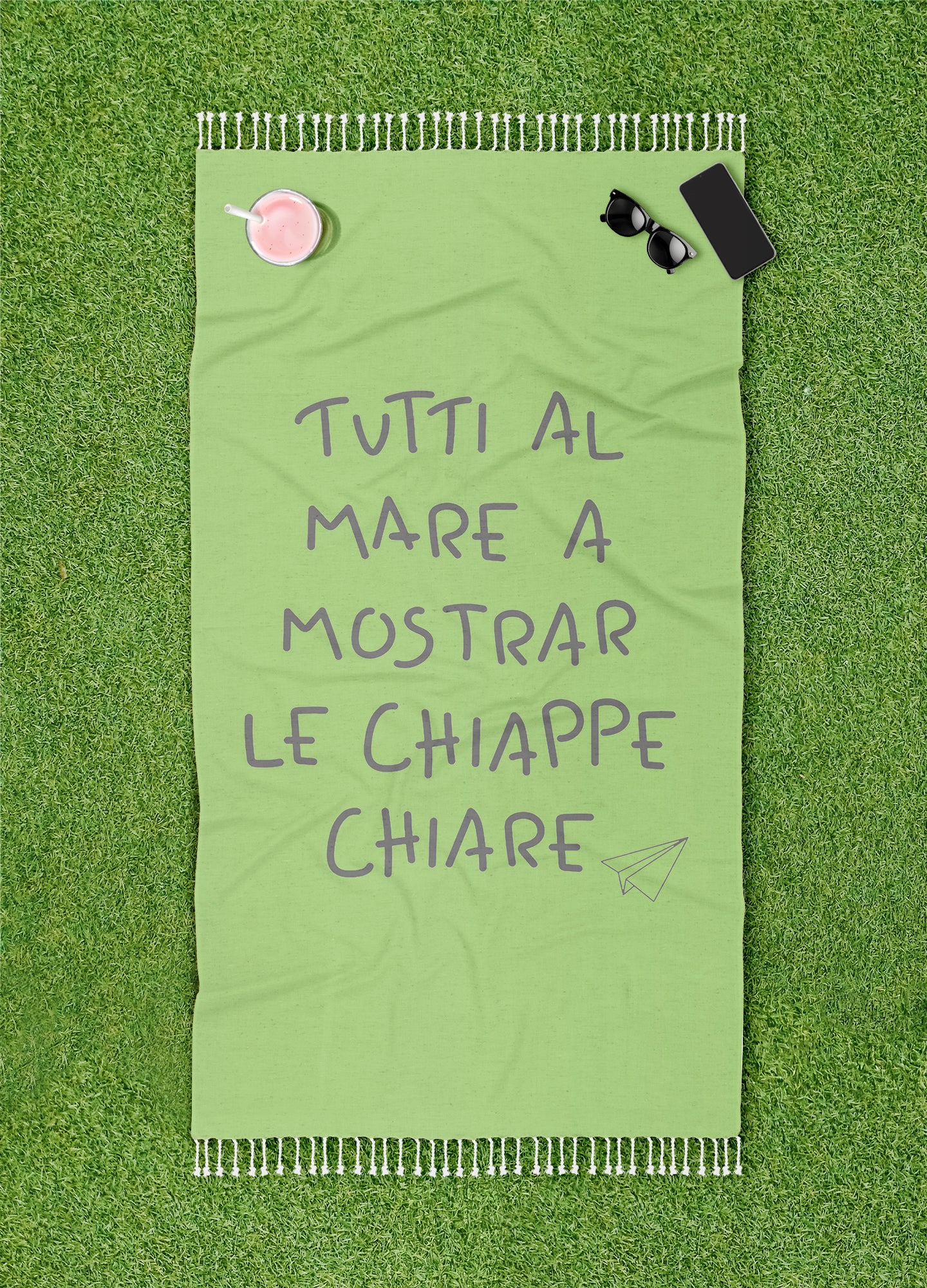 Telo Mare Con Frange Asciugamano Da Spiaggia Misura Grande 90x180 Cm Con Pochette Astuccio Assorbente In Morbido Cotone Leggero Stampa Tutti Al Mare AntiSabbia Lettino Vacanze Piscina Lime