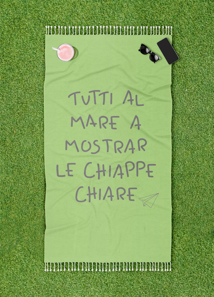 Telo Mare Con Frange Asciugamano Da Spiaggia Misura Grande 90x180 Cm Con Pochette Astuccio Assorbente In Morbido Cotone Leggero Stampa Tutti Al Mare AntiSabbia Lettino Vacanze Piscina Lime