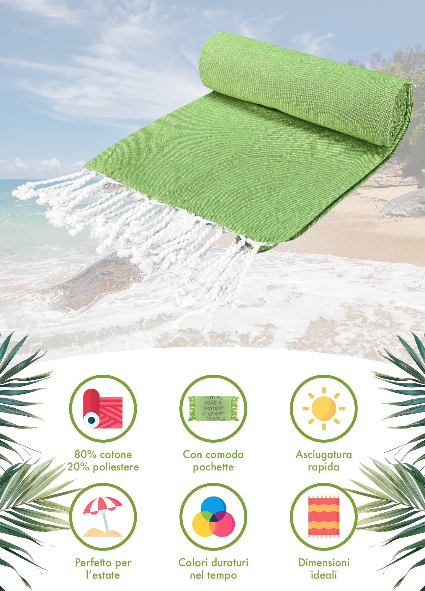 Telo Mare Con Frange Asciugamano Da Spiaggia Misura Grande 90x180 Cm Con Pochette Astuccio Assorbente In Morbido Cotone Leggero Stampa Tutti Al Mare AntiSabbia Lettino Vacanze Piscina Lime